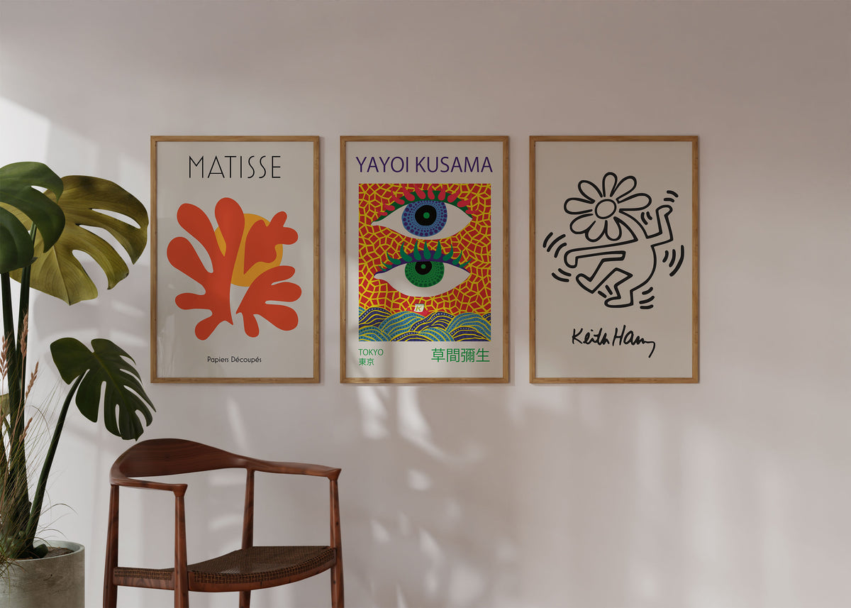 Gallery Wall Art Set of 3, Yayoi Kusama Print, Keith Haring Wall Art, Henri Matisse Poster, Red Large Retro Modern Art