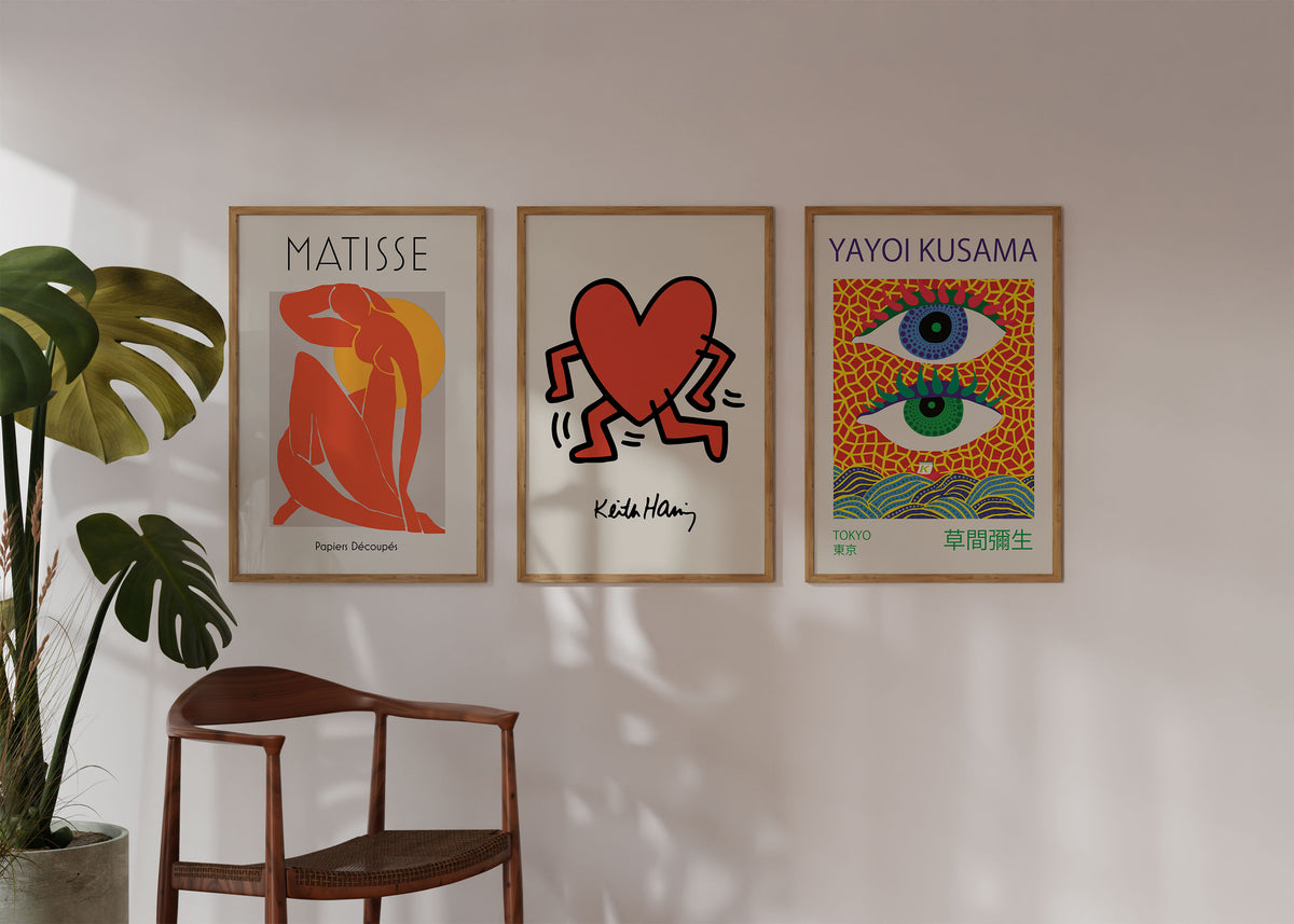 Gallery Wall Art Set of 3, Yayoi Kusama Print, Keith Haring Wall Art, Henri Matisse Poster, Red Large Retro Modern Art