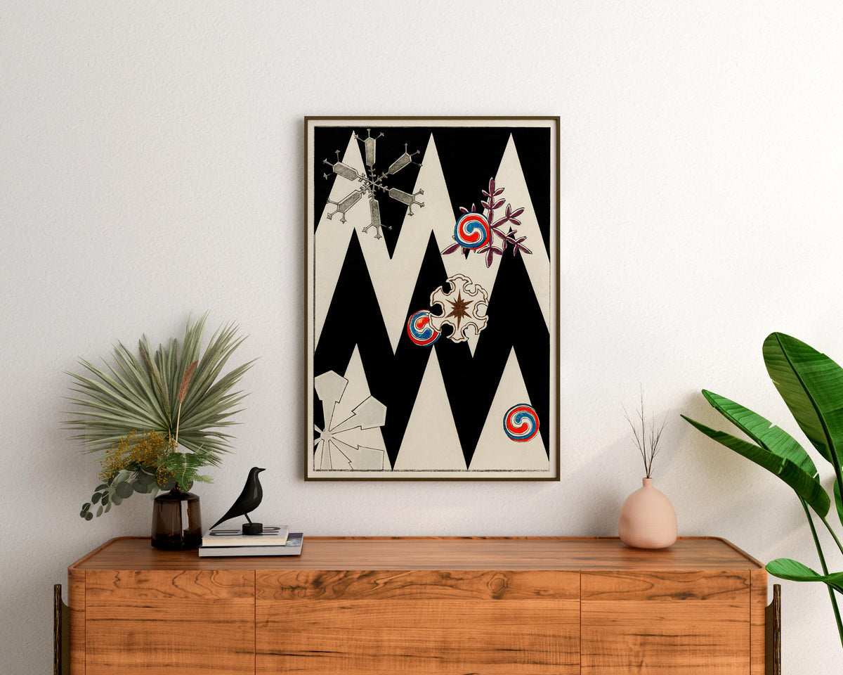 Snow Flakes Print, Vintage Japanese Wall Art, Black & White Minimalistic Poster, Bijutsu Sekai Wall Art, Watanabe Seitei Reproduction