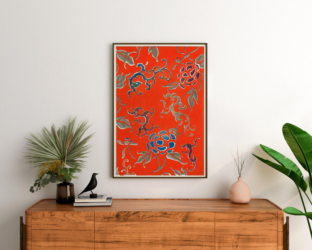Red Japanese Floral Pattern Print, Vintage Chinese Flower Background, Bijutsu Sekai Wall Art, Watanabe Seitei Reproduction