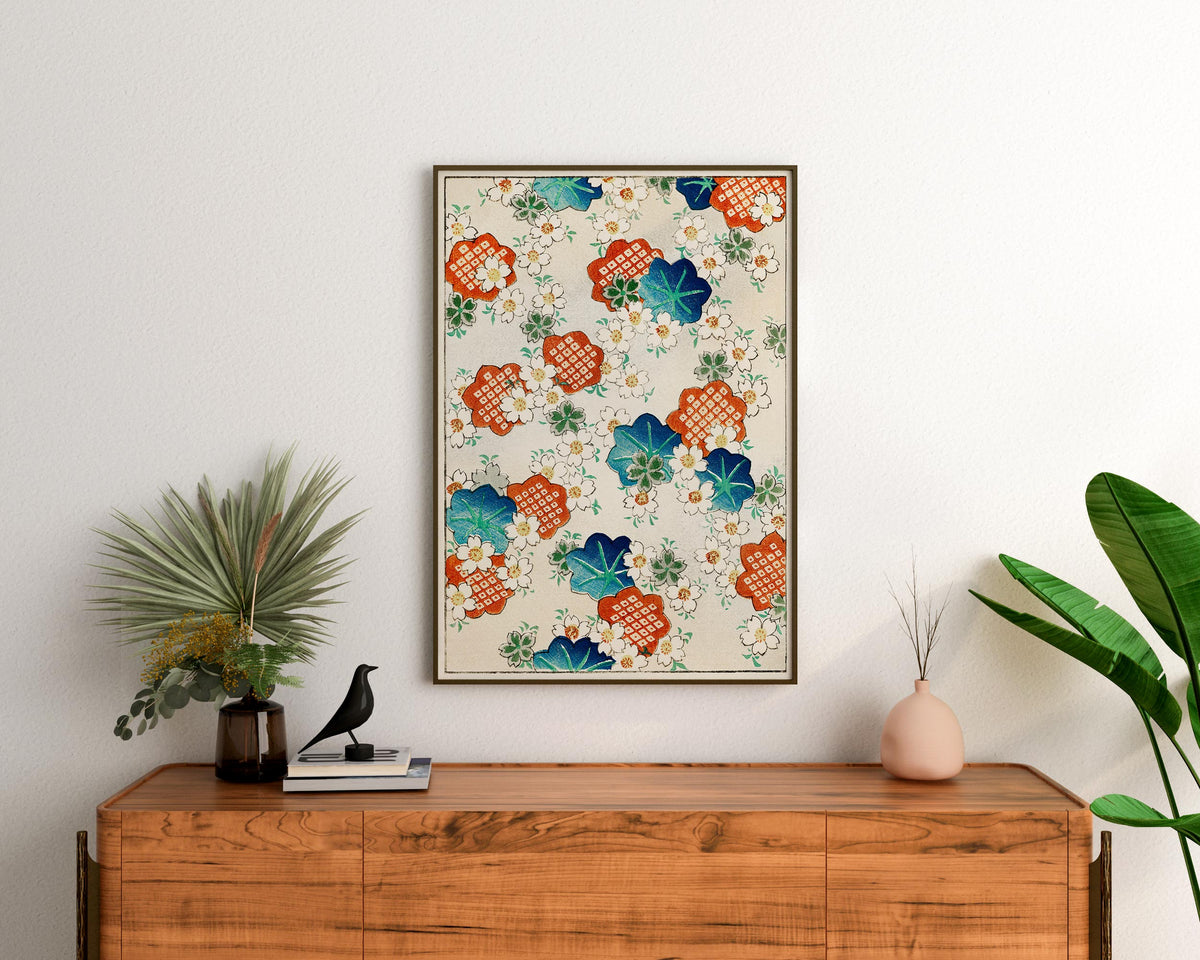 Vintage Japanese Flower Print, Chinese Floral Background, Red & Blue Wall Art, Bijutsu Sekai Wall Art, Watanabe Seitei Reproduction