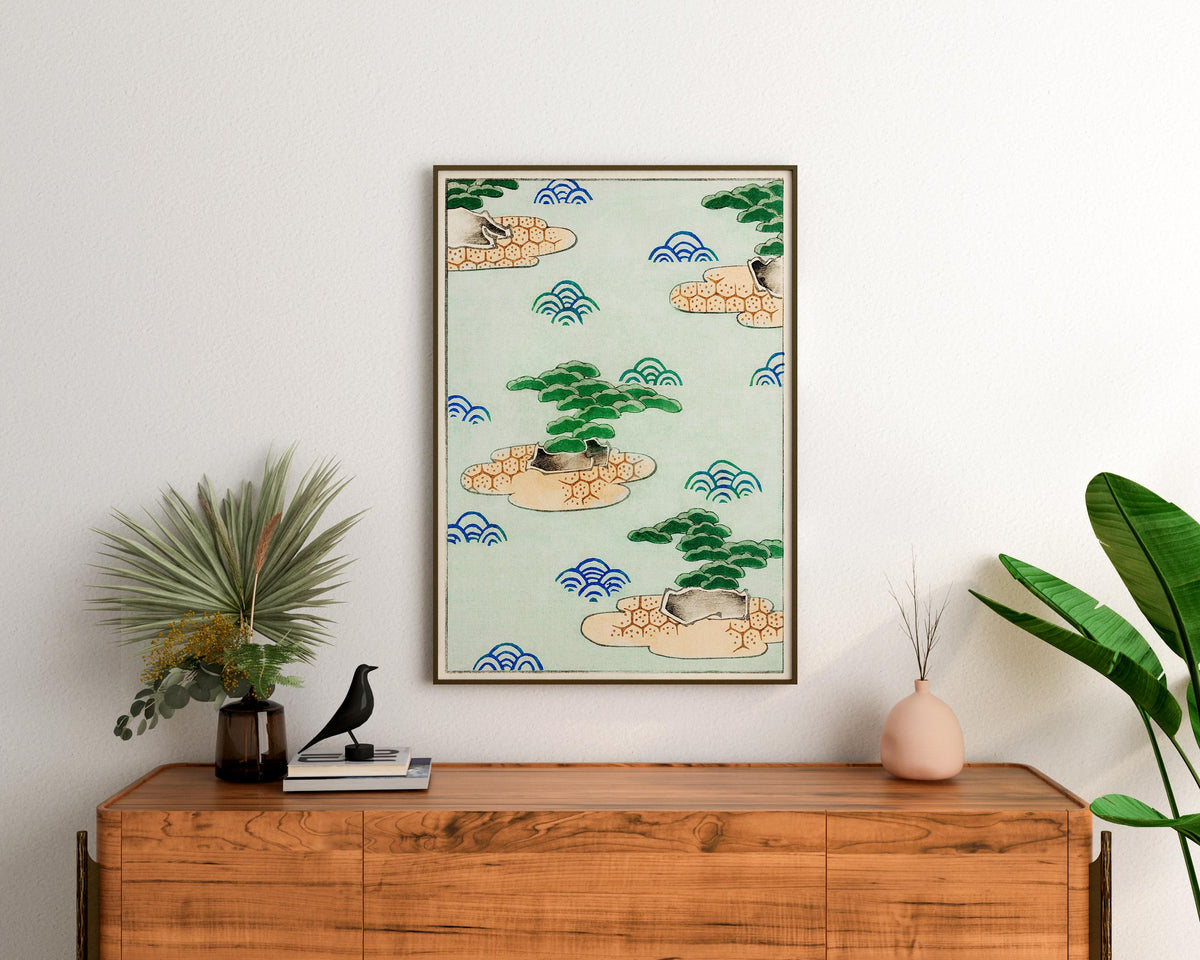 Watanabe Seitei Vintage Print, Japanese Landscape illustration, Bijutsu Sekai Green Wall Art, Antique Asian Painting Reproduction