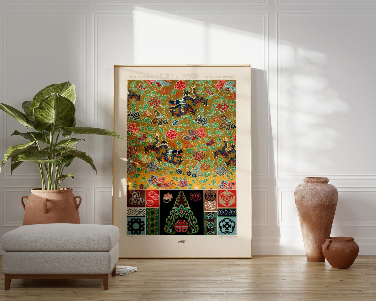 Vintage Chinese and Japanese Patterns Print by Albert Racinet, Antique Asian Abstract Texture Reproduction, Oriental Fine Art Wall Decor