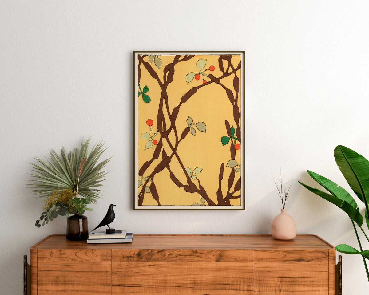 Vintage Japanese Botanical Art Print by Furuya Korin, Antique Asian Art Reproduction, Minimalist Botany Shapes Wall Art