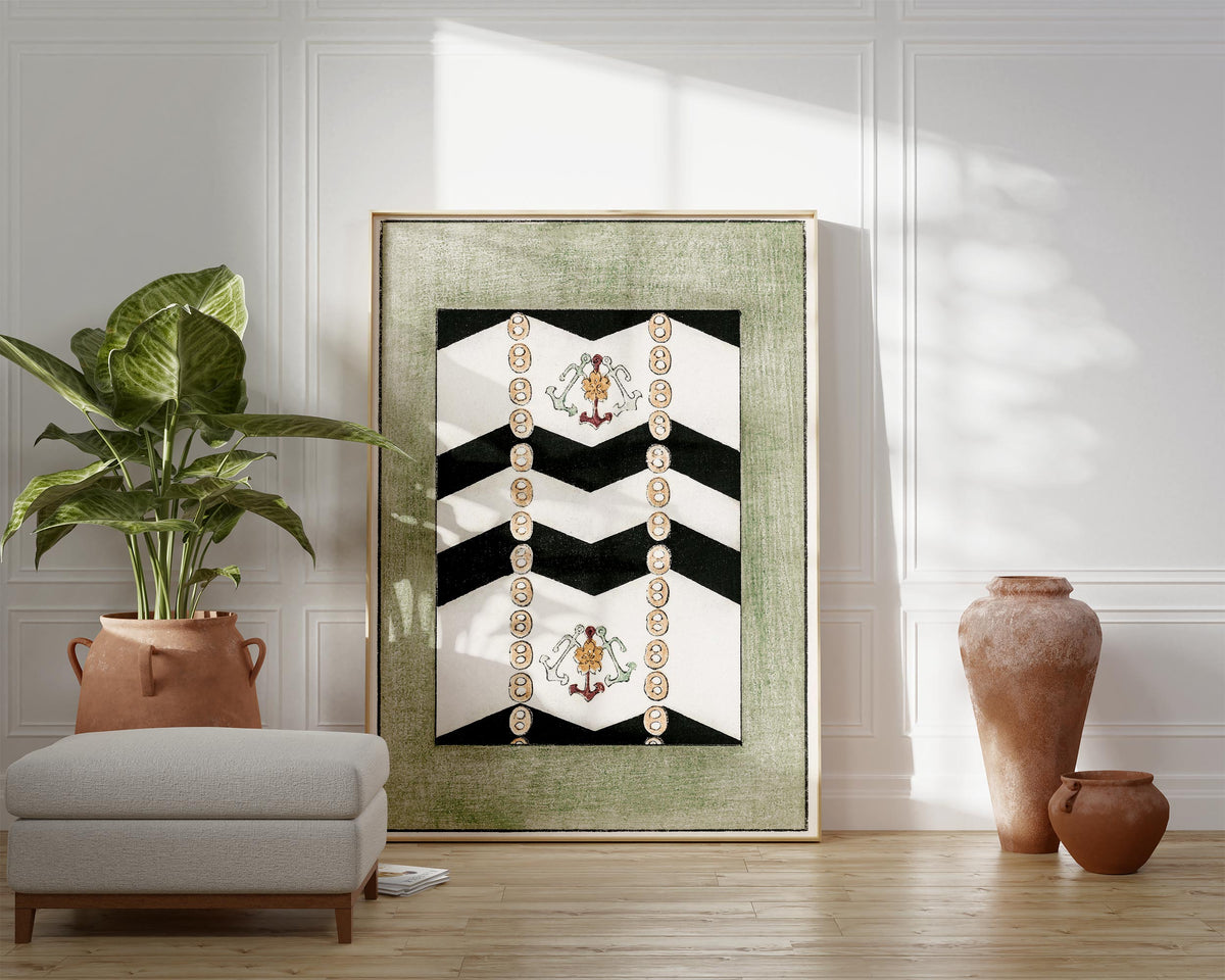 Vintage Japanese Geometric Print, Nautical Pattern by Kacho-ga Artist Watanabe Seitei, Antique Asian Bijutsu Sekai Painting Reproduction