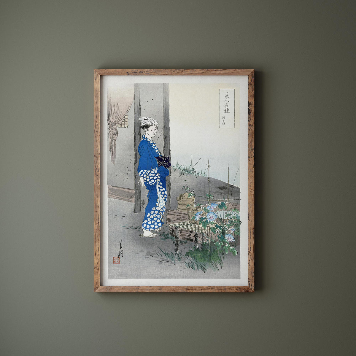Japanese Vintage Fine Art Print "Poet Kaga no Chiyo" by Ogata Gekko, Antique Woodblock Reproduction Wall Art, Blue Asian Style Wall Art