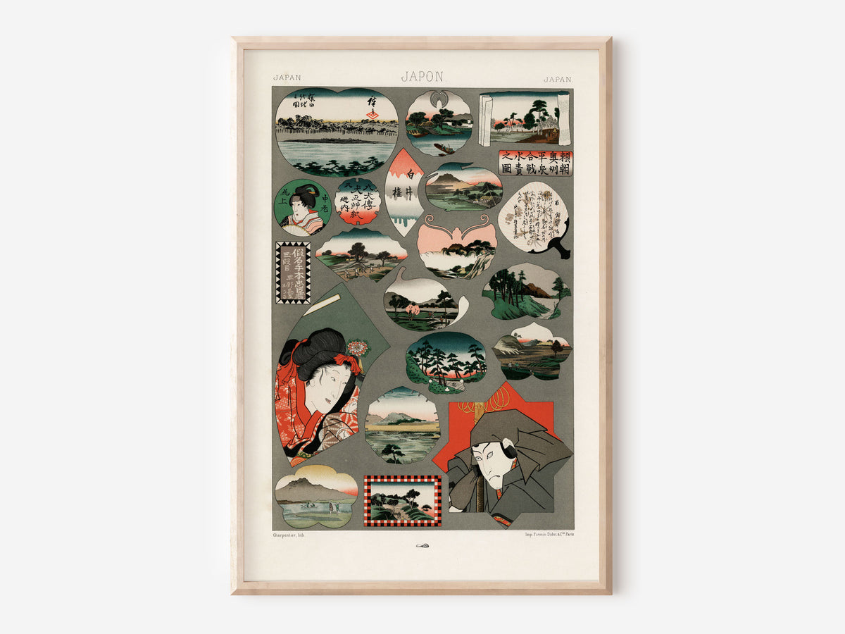 Japanese Patterns Print by Albert Racinet, Vintage Asian Art Reproduction, Grey & Red Oriental Wall Art, Old Woodblock Painting from 1800s