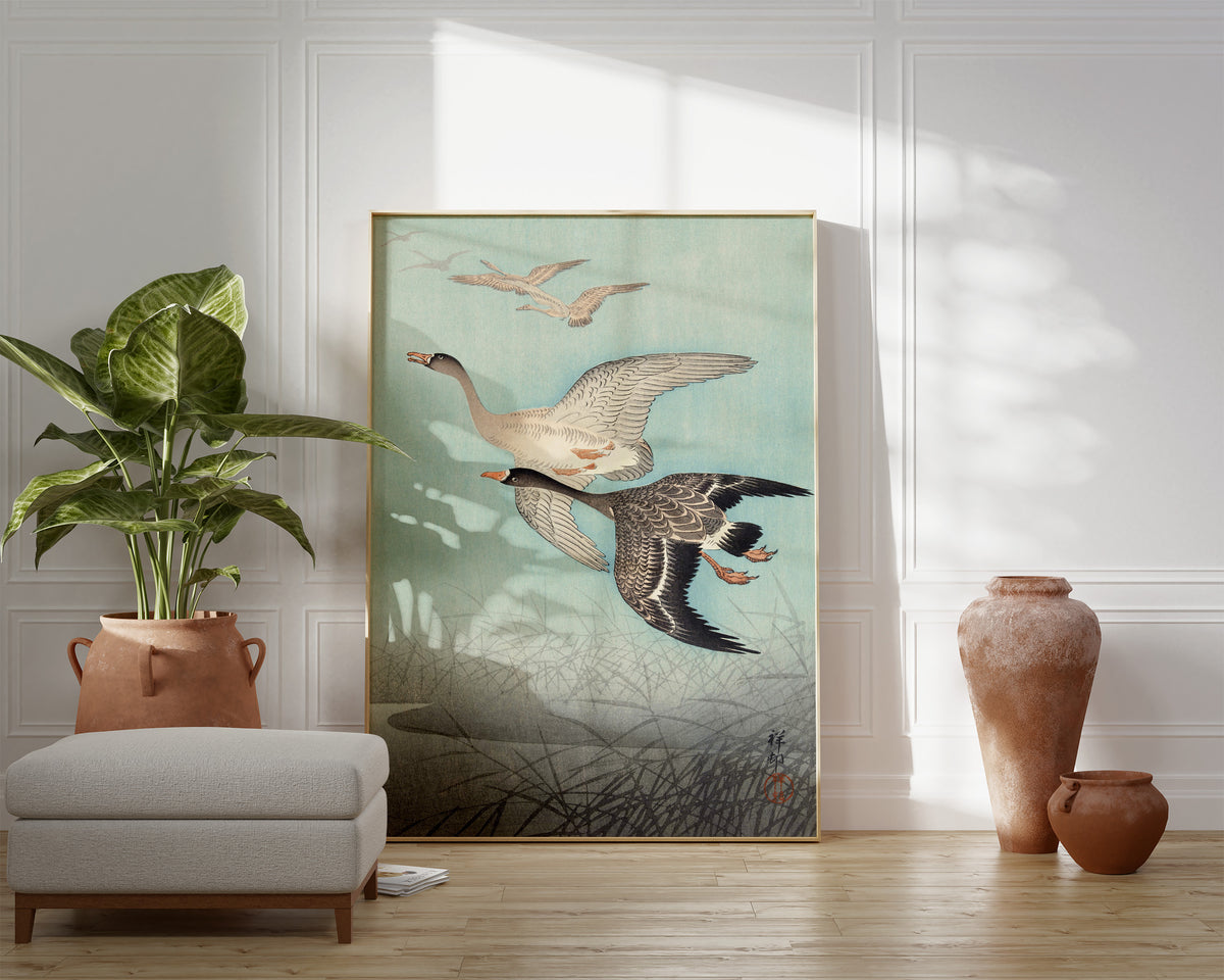 Great Geese in Flight by Ohara Koson, Vintage Japanese Print, Antique Asian Wall Art, Japan Painting Poster, Art Lover Gift