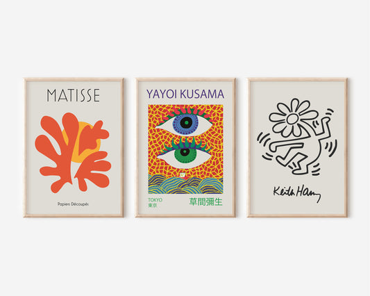 Gallery Wall Art Set of 3, Yayoi Kusama Print, Keith Haring Wall Art, Henri Matisse Poster, Red Large Retro Modern Art