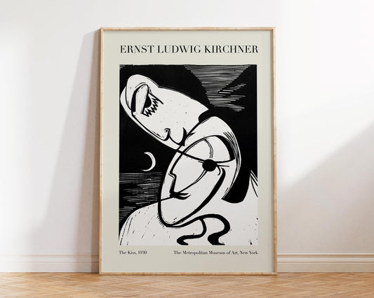 Ernst Ludwig Kirchner Print, Vintage Black & White Woodcut Wall Art, The Kiss (1930) Reproduction, Living Room Exhibition Poster