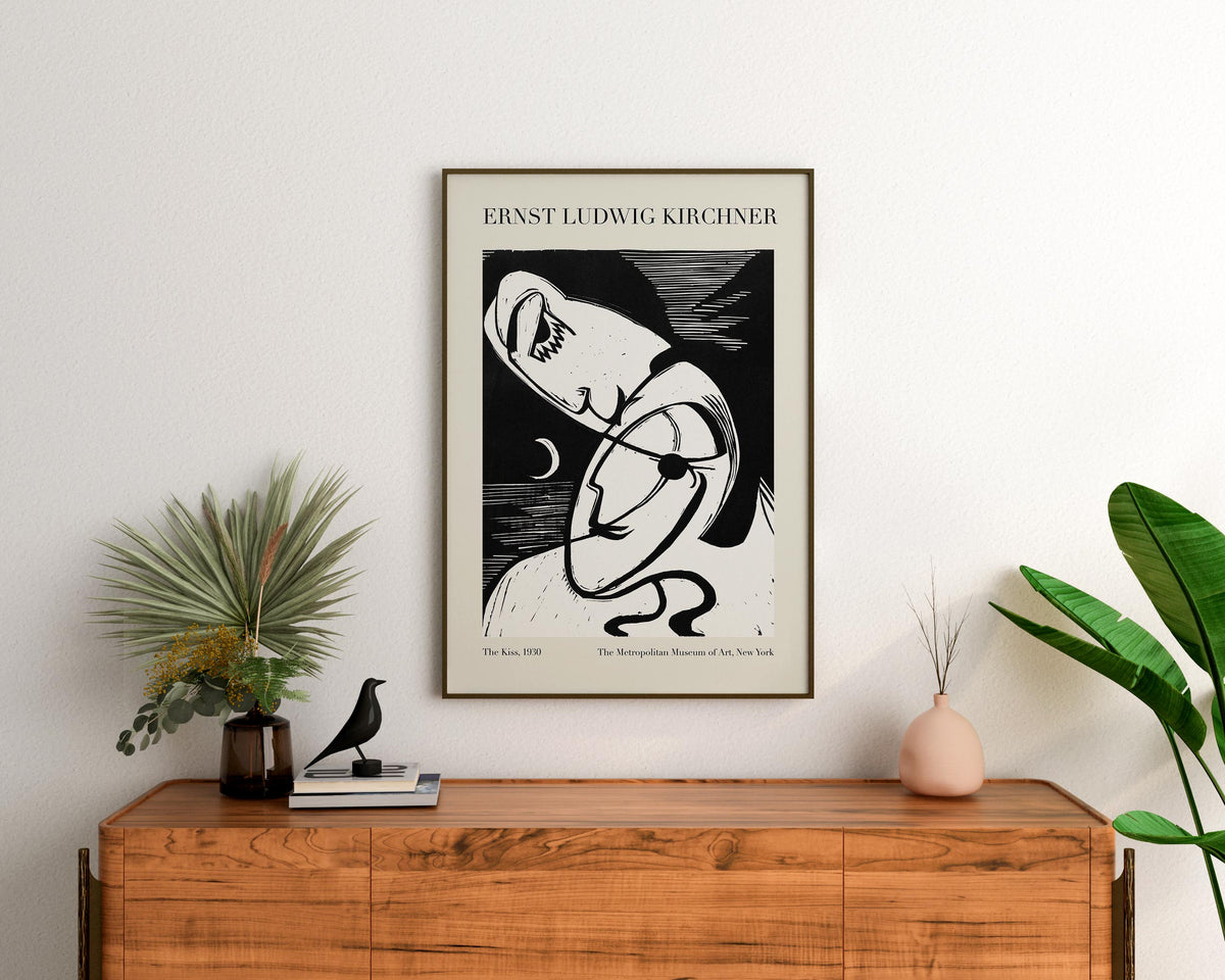 Ernst Ludwig Kirchner Print, Vintage Black & White Woodcut Wall Art, The Kiss (1930) Reproduction, Living Room Exhibition Poster