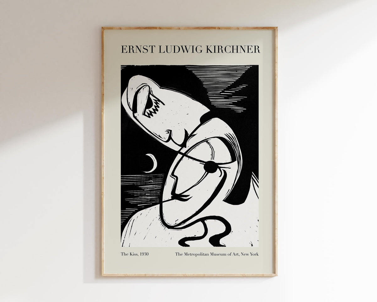 Ernst Ludwig Kirchner Print, Vintage Black & White Woodcut Wall Art, The Kiss (1930) Reproduction, Living Room Exhibition Poster