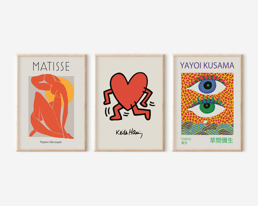 Gallery Wall Art Set of 3, Yayoi Kusama Print, Keith Haring Wall Art, Henri Matisse Poster, Red Large Retro Modern Art