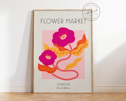 London Flower Market Print, Pink Floral Wall Art, Boho Botanical Art Print