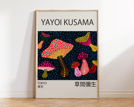 Yayoi Kusama Art Print, Mushroom Dots Print, Modern Japanese Wall Art, Pop Art Exhibition Poster, Colourful Living Room Wall Art, A2, A1