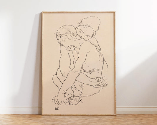 Egon Schiele Woman and Girl Embracing (1918) Print, Vintage Nude Drawing Reproduction Print, Vintage Female Line Art, Antique Erotic Sketch