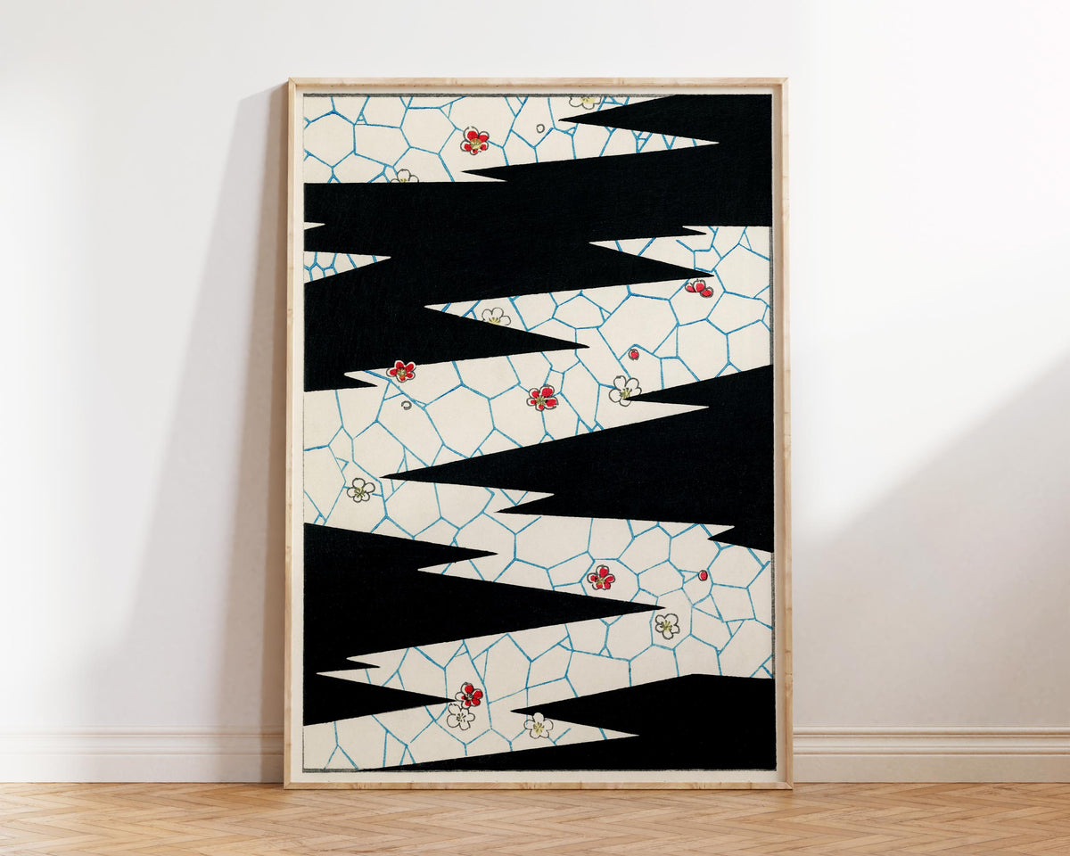 Japanese Flower Pattern Print, Bijutsu Sekai Wall Art, Watanabe Seitei Reproduction, Black & White Minimalistic Poster