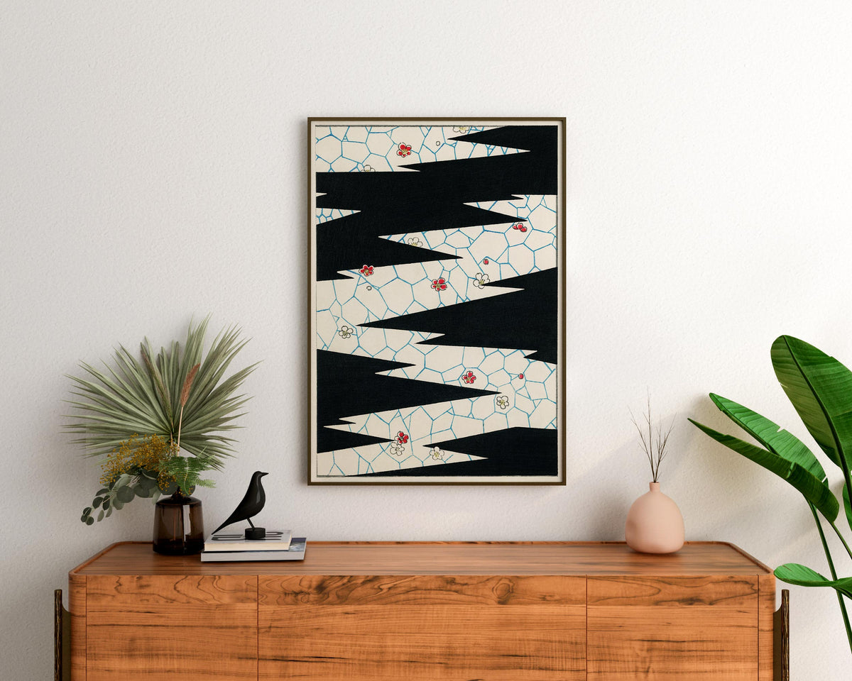 Japanese Flower Pattern Print, Bijutsu Sekai Wall Art, Watanabe Seitei Reproduction, Black & White Minimalistic Poster