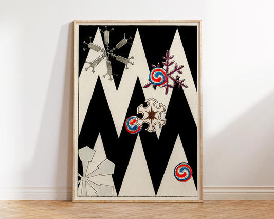 Snow Flakes Print, Vintage Japanese Wall Art, Black & White Minimalistic Poster, Bijutsu Sekai Wall Art, Watanabe Seitei Reproduction