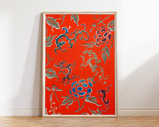 Red Japanese Floral Pattern Print, Vintage Chinese Flower Background, Bijutsu Sekai Wall Art, Watanabe Seitei Reproduction