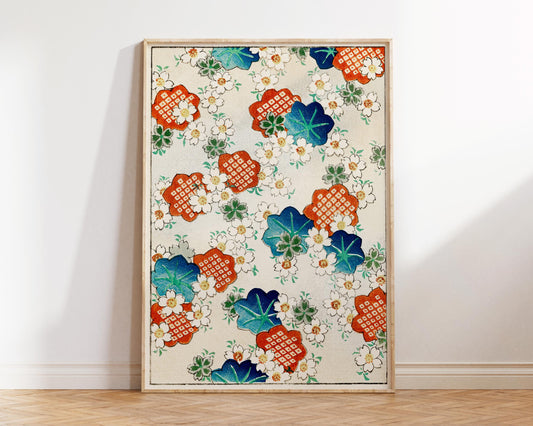 Vintage Japanese Flower Print, Chinese Floral Background, Red & Blue Wall Art, Bijutsu Sekai Wall Art, Watanabe Seitei Reproduction