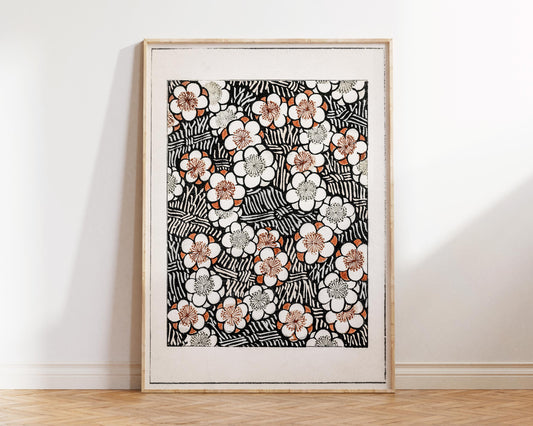 Japanese Flower Print, Vintage Floral Woodblock Print, Bijutsu Sekai Wall Art, Watanabe Seitei Reproduction, Black & White Art