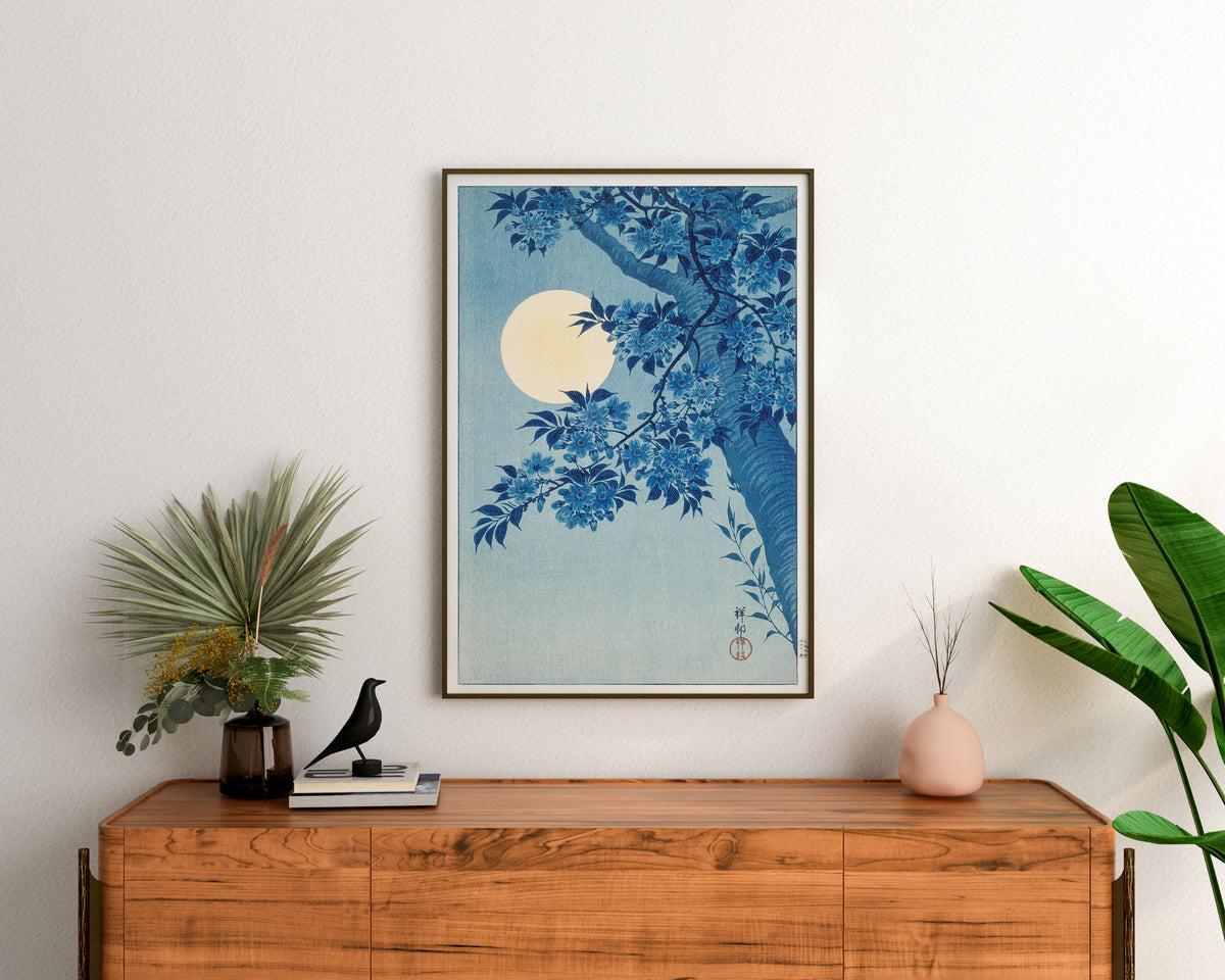 Vintage Japanese Art Print by Ohara Koson, Vintage Art Reproduction, Blossoming Cherry on a Moonlit Night, Art Lover Gift, Moving in Gift