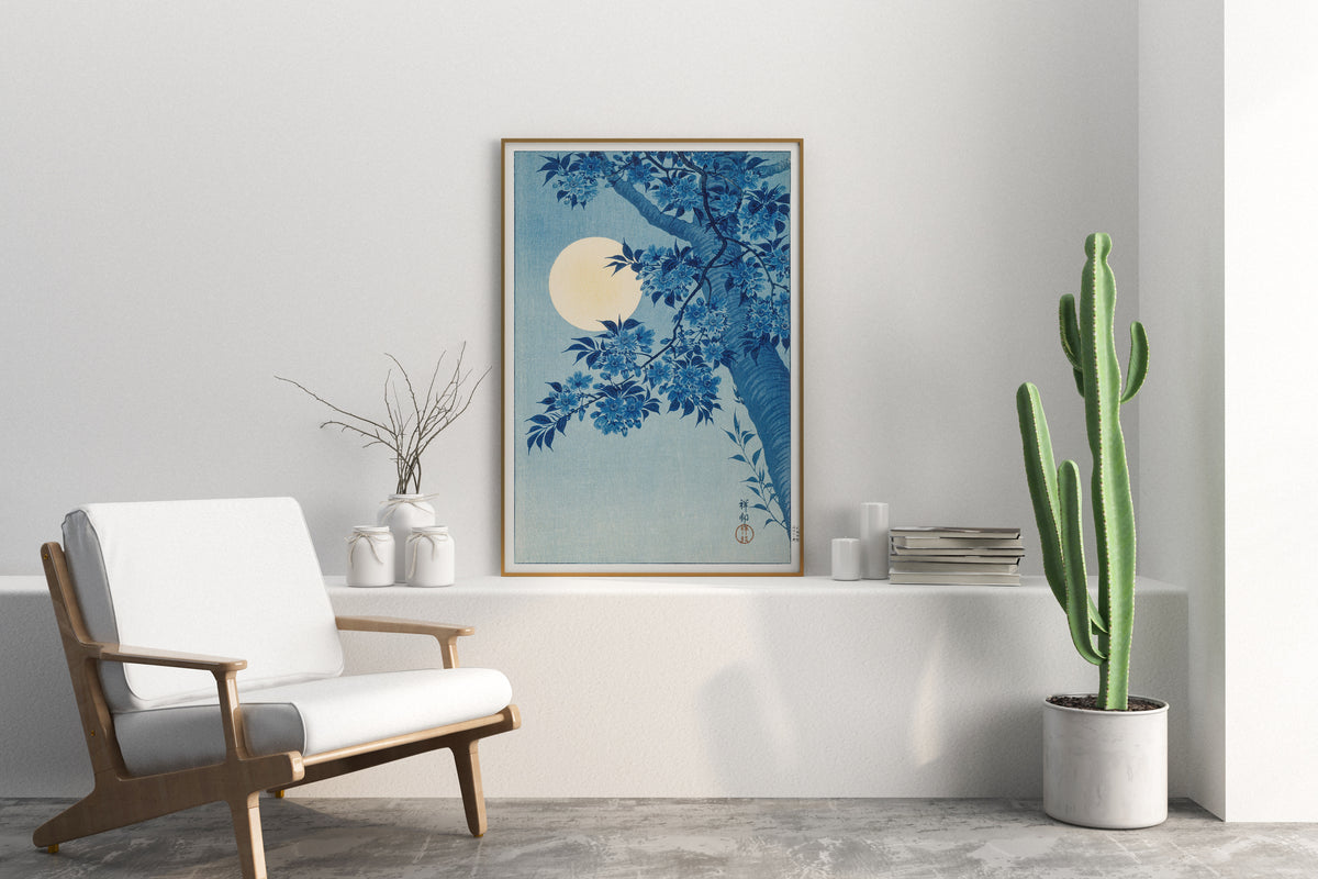 Vintage Japanese Art Print by Ohara Koson, Vintage Art Reproduction, Blossoming Cherry on a Moonlit Night, Art Lover Gift, Moving in Gift