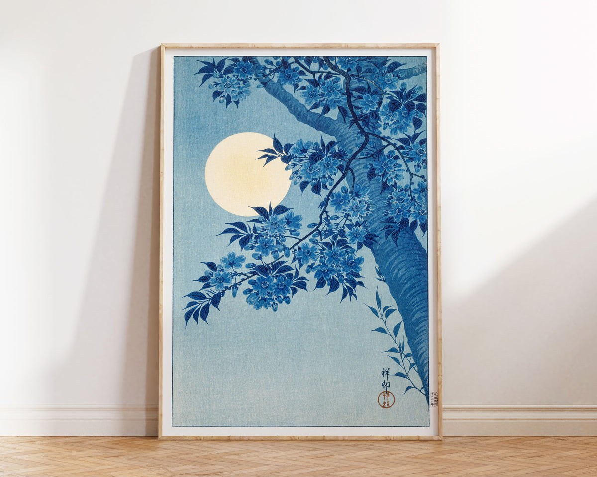 Vintage Japanese Art Print by Ohara Koson, Vintage Art Reproduction, Blossoming Cherry on a Moonlit Night, Art Lover Gift, Moving in Gift