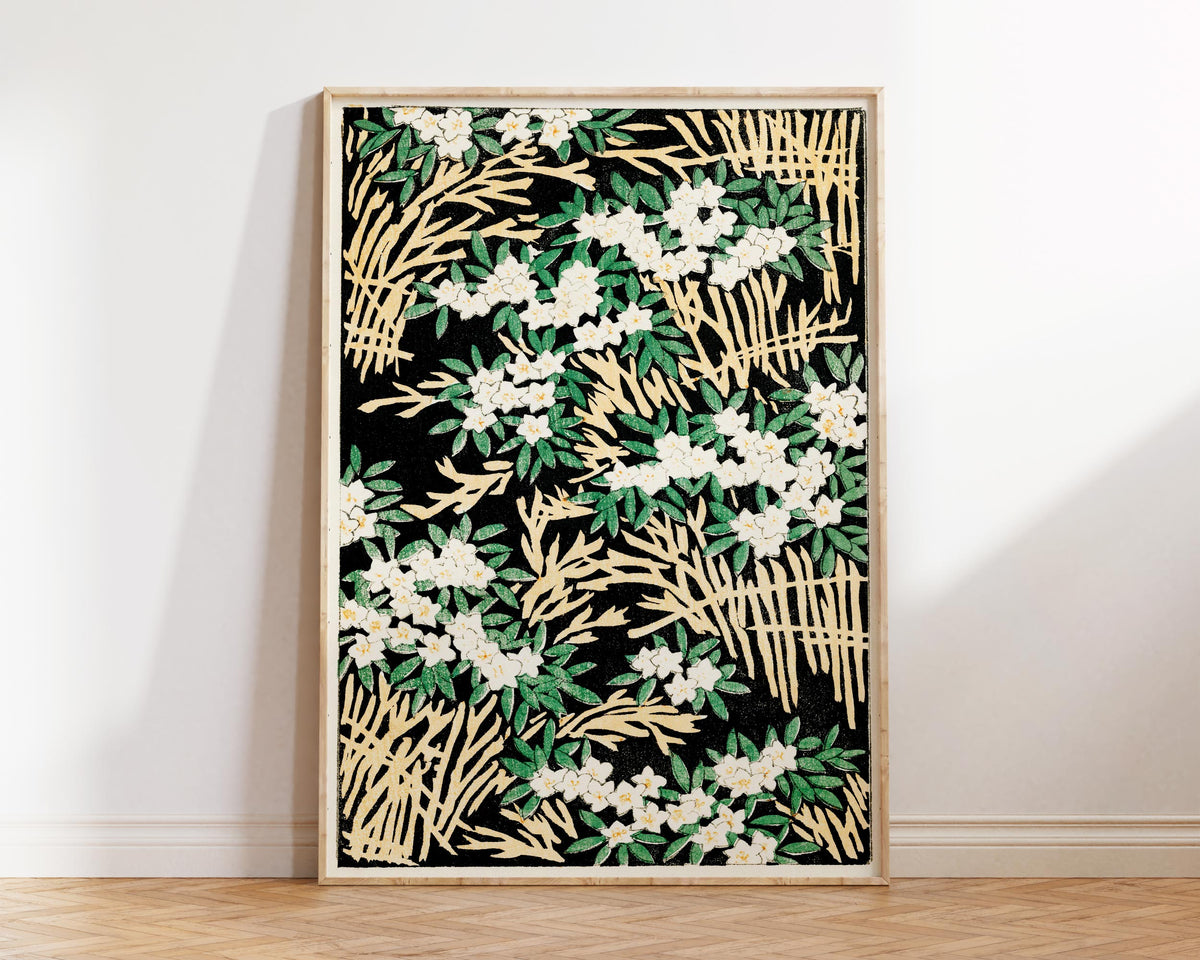Forest Pattern Print, Vintage Japanese Flower Wall Art, Antique Asian Painting Reproduction, Green & Black Floral Wall Art