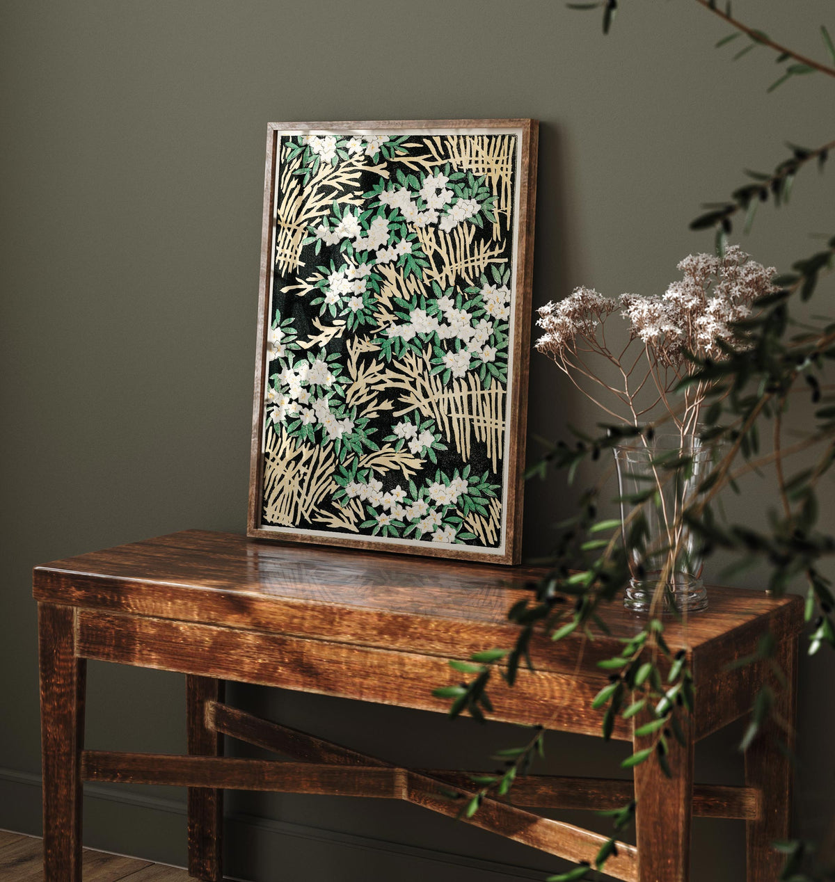 Forest Pattern Print, Vintage Japanese Flower Wall Art, Antique Asian Painting Reproduction, Green & Black Floral Wall Art