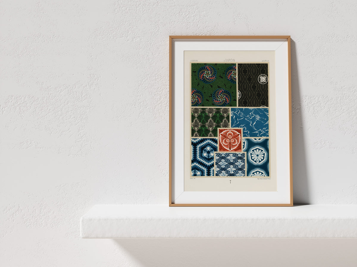 Japanese Patterns Wall Art by Albert Racinet, Vintage Japan Woodblock Reproduction, Antique Asian Style Poster, Blue & Green Art Print