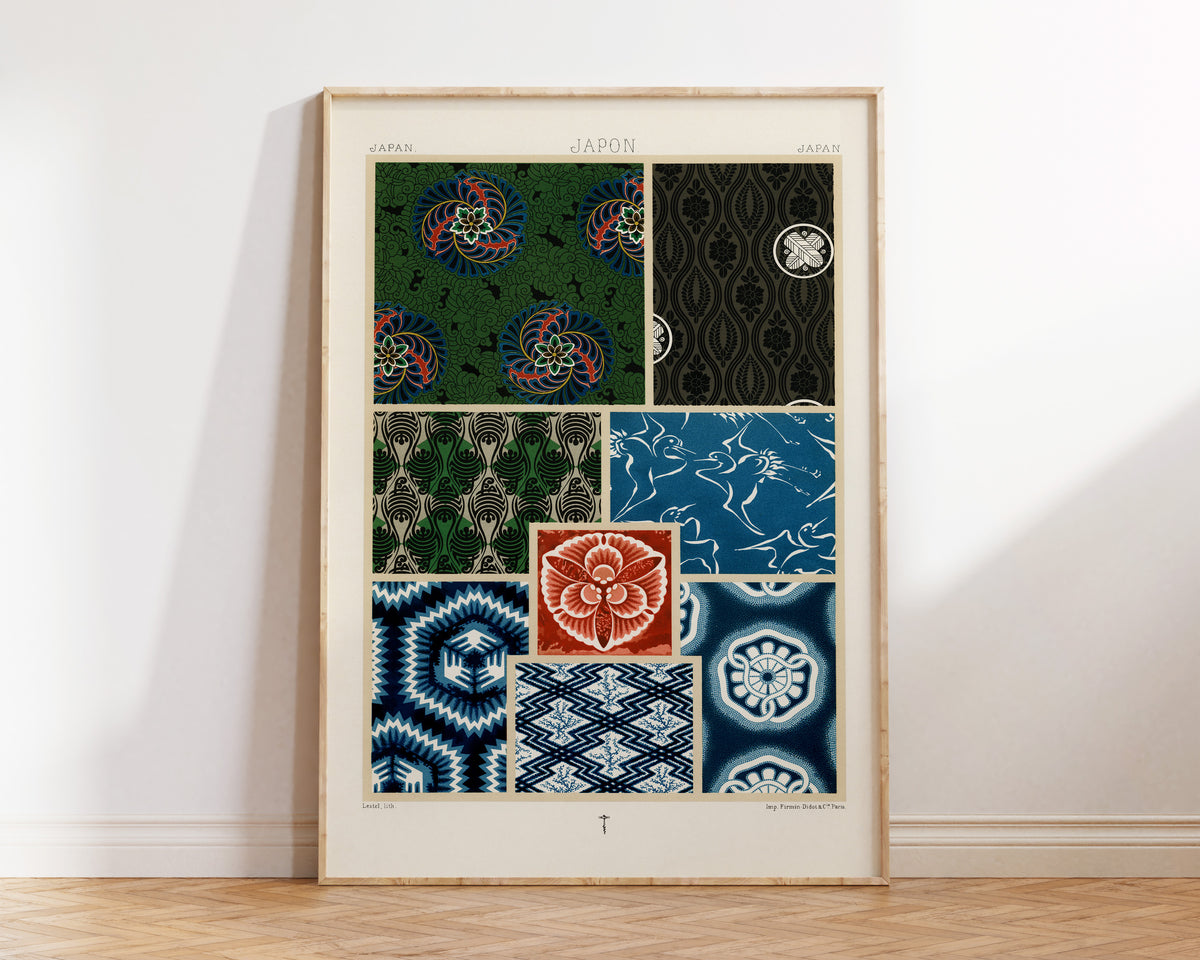 Japanese Patterns Wall Art by Albert Racinet, Vintage Japan Woodblock Reproduction, Antique Asian Style Poster, Blue & Green Art Print