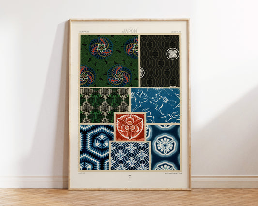 Japanese Patterns Wall Art by Albert Racinet, Vintage Japan Woodblock Reproduction, Antique Asian Style Poster, Blue & Green Art Print