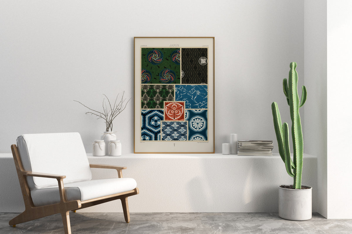 Japanese Patterns Wall Art by Albert Racinet, Vintage Japan Woodblock Reproduction, Antique Asian Style Poster, Blue & Green Art Print