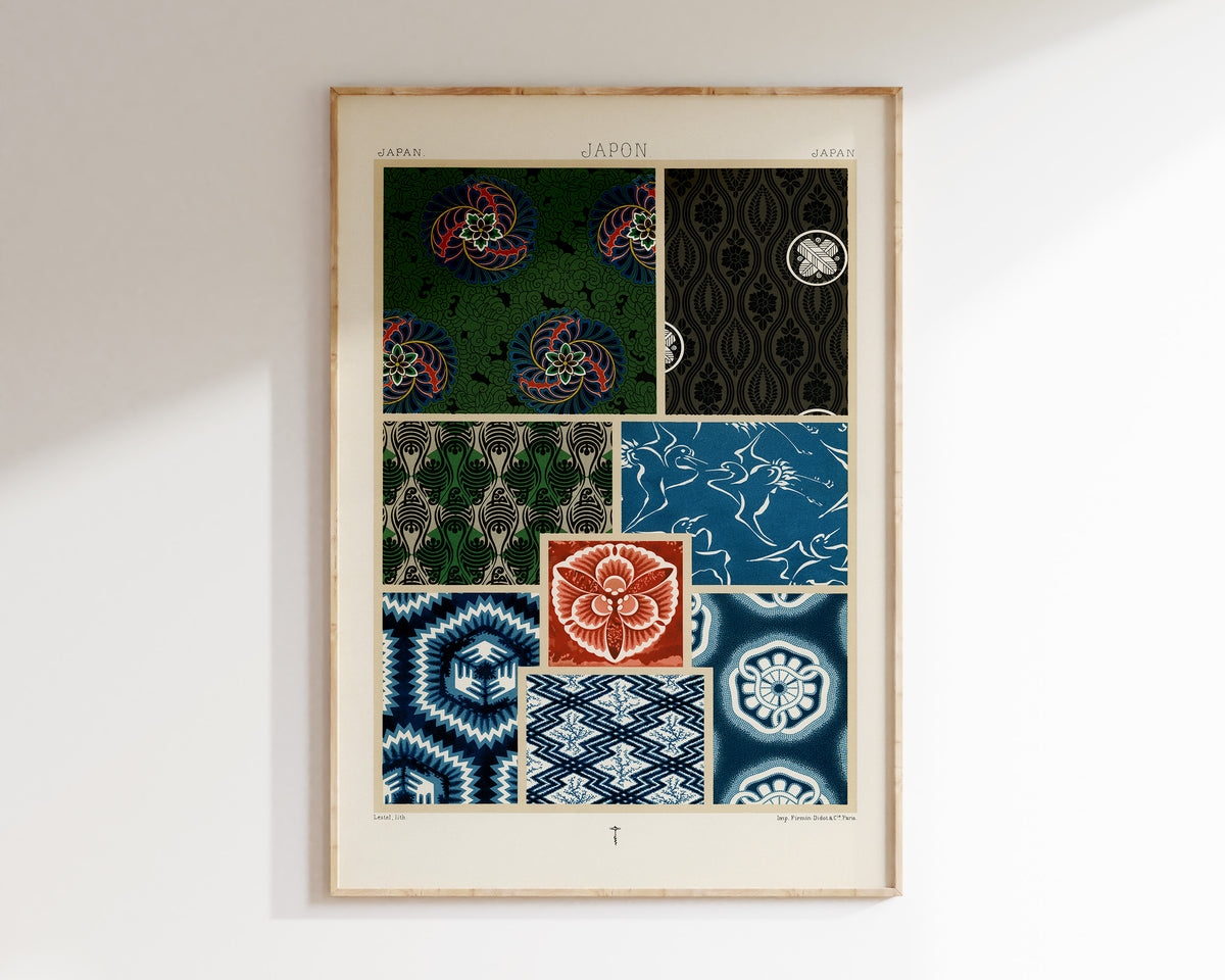 Japanese Patterns Wall Art by Albert Racinet, Vintage Japan Woodblock Reproduction, Antique Asian Style Poster, Blue & Green Art Print