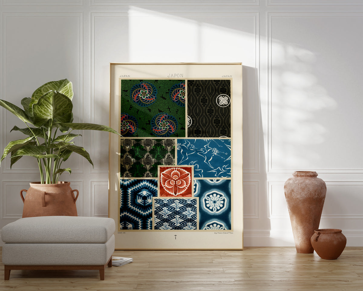Japanese Patterns Wall Art by Albert Racinet, Vintage Japan Woodblock Reproduction, Antique Asian Style Poster, Blue & Green Art Print