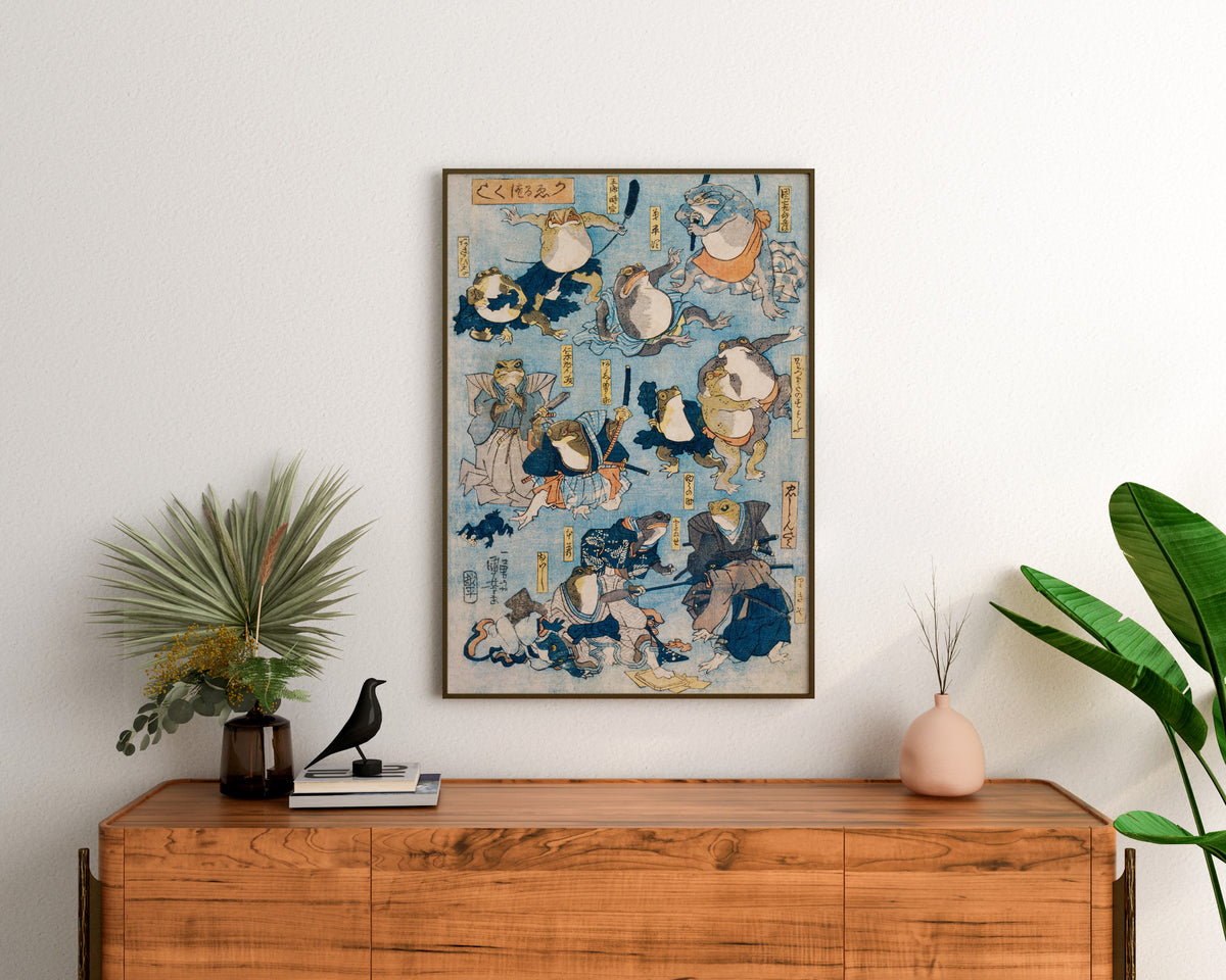 Japanese Frogs Art Print by Utagawa Kuniyoshi, Vintage Woodcut Illustration "Heroes of the Kabuki Stage Played by Frogs" Reproduction