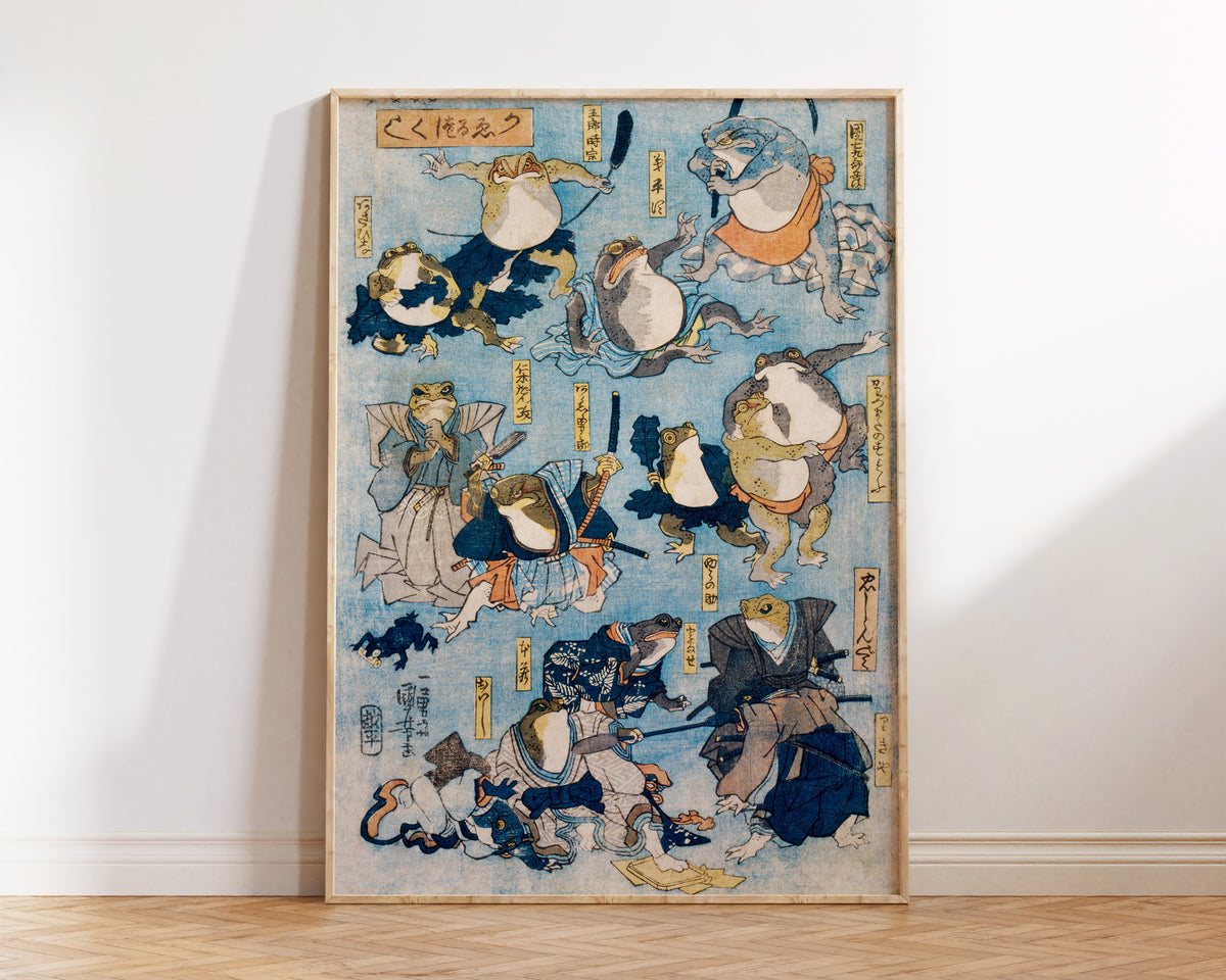 Japanese Frogs Art Print by Utagawa Kuniyoshi, Vintage Woodcut Illustration "Heroes of the Kabuki Stage Played by Frogs" Reproduction