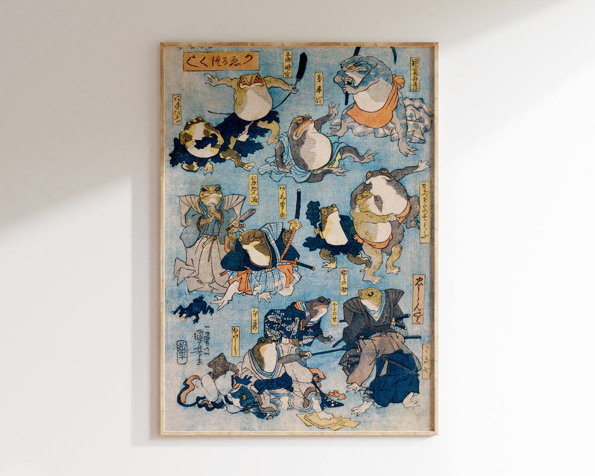 Japanese Frogs Art Print by Utagawa Kuniyoshi, Vintage Woodcut Illustration "Heroes of the Kabuki Stage Played by Frogs" Reproduction