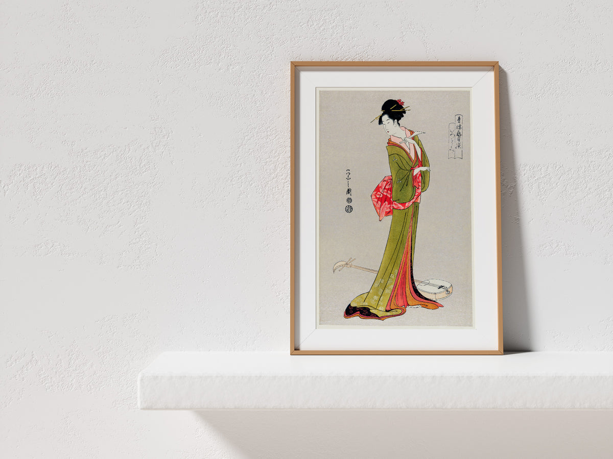 Japanese Geisha Wall Art by Eishi Hosoda, Traditional Ukiyo-e Style Illustration, Woman in Kimono Fine Art Reproduction Print