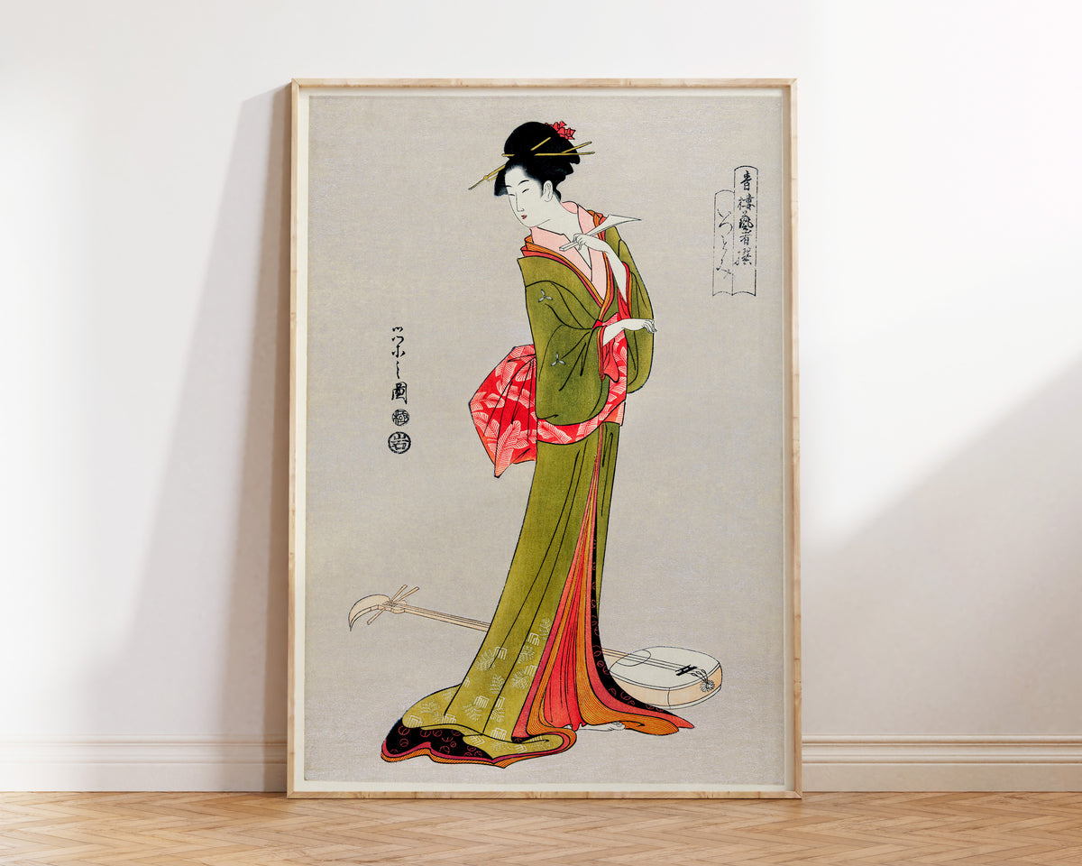 Japanese Geisha Wall Art by Eishi Hosoda, Traditional Ukiyo-e Style Illustration, Woman in Kimono Fine Art Reproduction Print