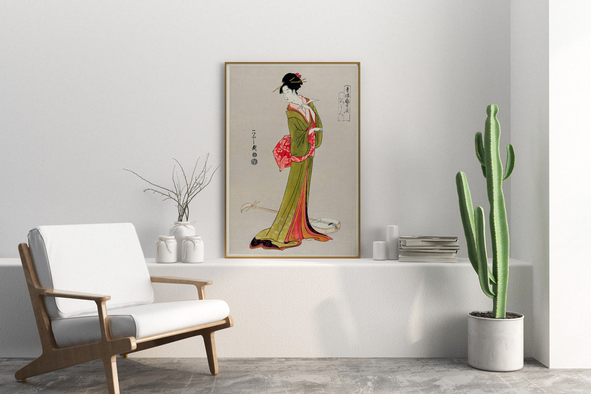 Japanese Geisha Wall Art by Eishi Hosoda, Traditional Ukiyo-e Style Illustration, Woman in Kimono Fine Art Reproduction Print