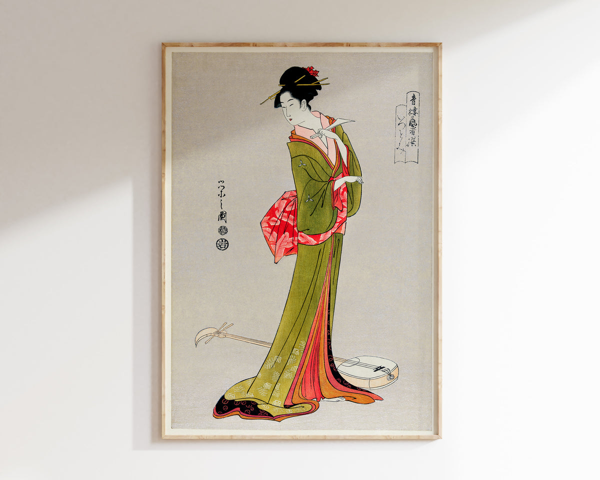 Japanese Geisha Wall Art by Eishi Hosoda, Traditional Ukiyo-e Style Illustration, Woman in Kimono Fine Art Reproduction Print