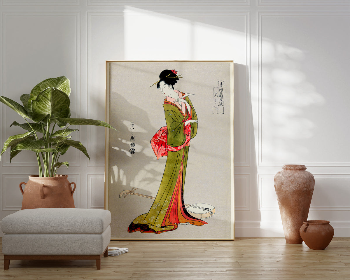 Japanese Geisha Wall Art by Eishi Hosoda, Traditional Ukiyo-e Style Illustration, Woman in Kimono Fine Art Reproduction Print