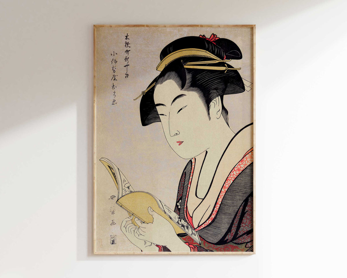 Japanese Art Print "Kobikicho Arayashiki Koiseya Ochie" by Utamaro Kitagawa, Traditional Vintage Woodblock Geisha Art Reproduction