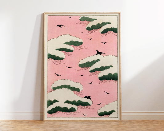 Vintage Japanese Pink Sky Illustration Print by Watanabe Seitei, Antique Nihonga Painting Reproduction, Bijutsu Sekai Fine Art Print