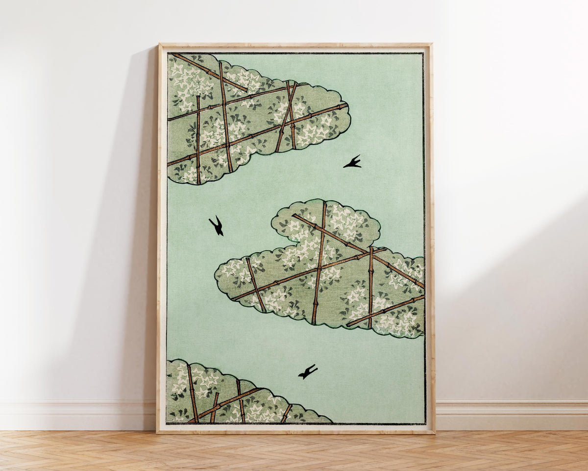 Vintage Japanese Green Sky illustration Print by Watanabe Seitei, Antique Asian Painting Reproduction, Bijutsu Sekai Art Print