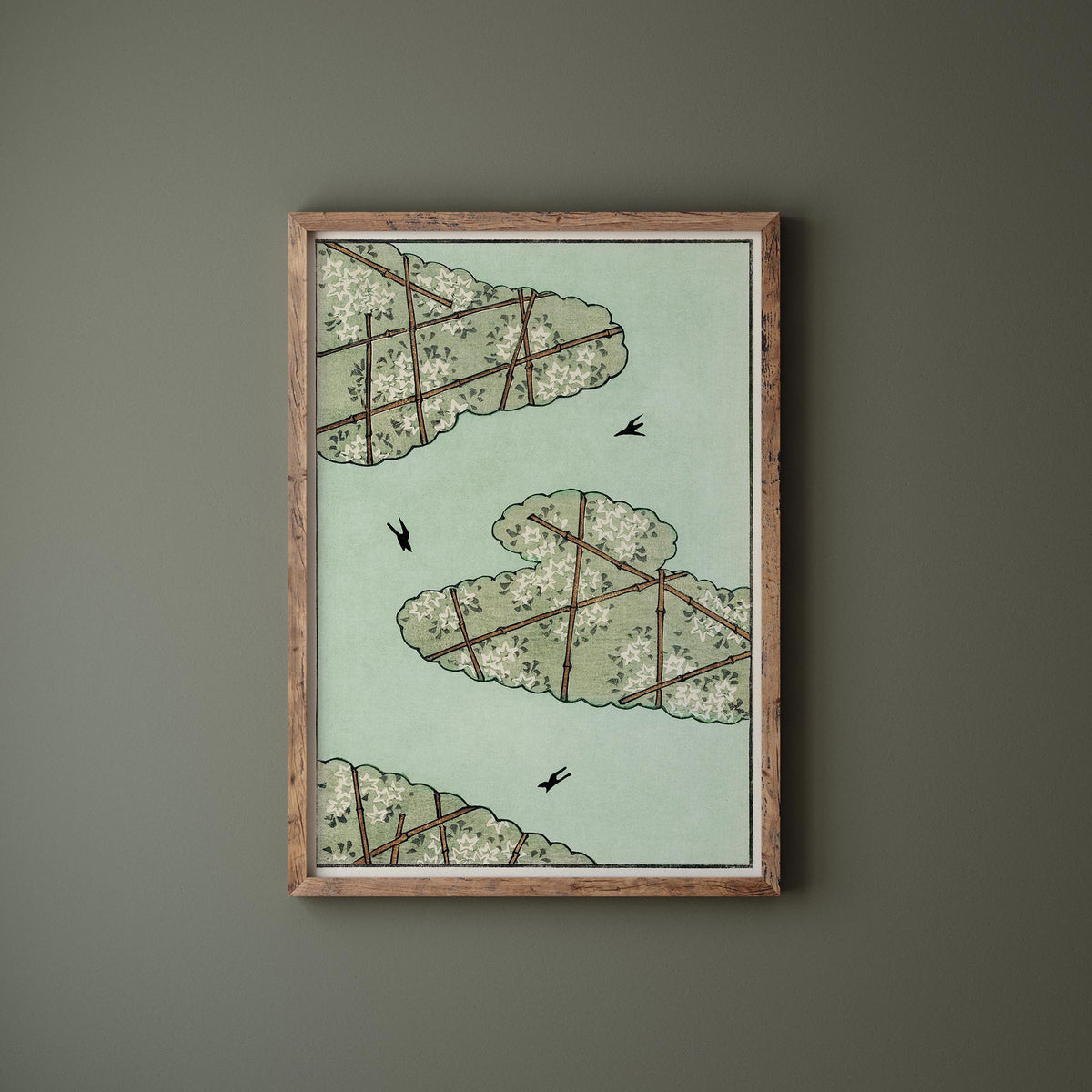 Vintage Japanese Green Sky illustration Print by Watanabe Seitei, Antique Asian Painting Reproduction, Bijutsu Sekai Art Print
