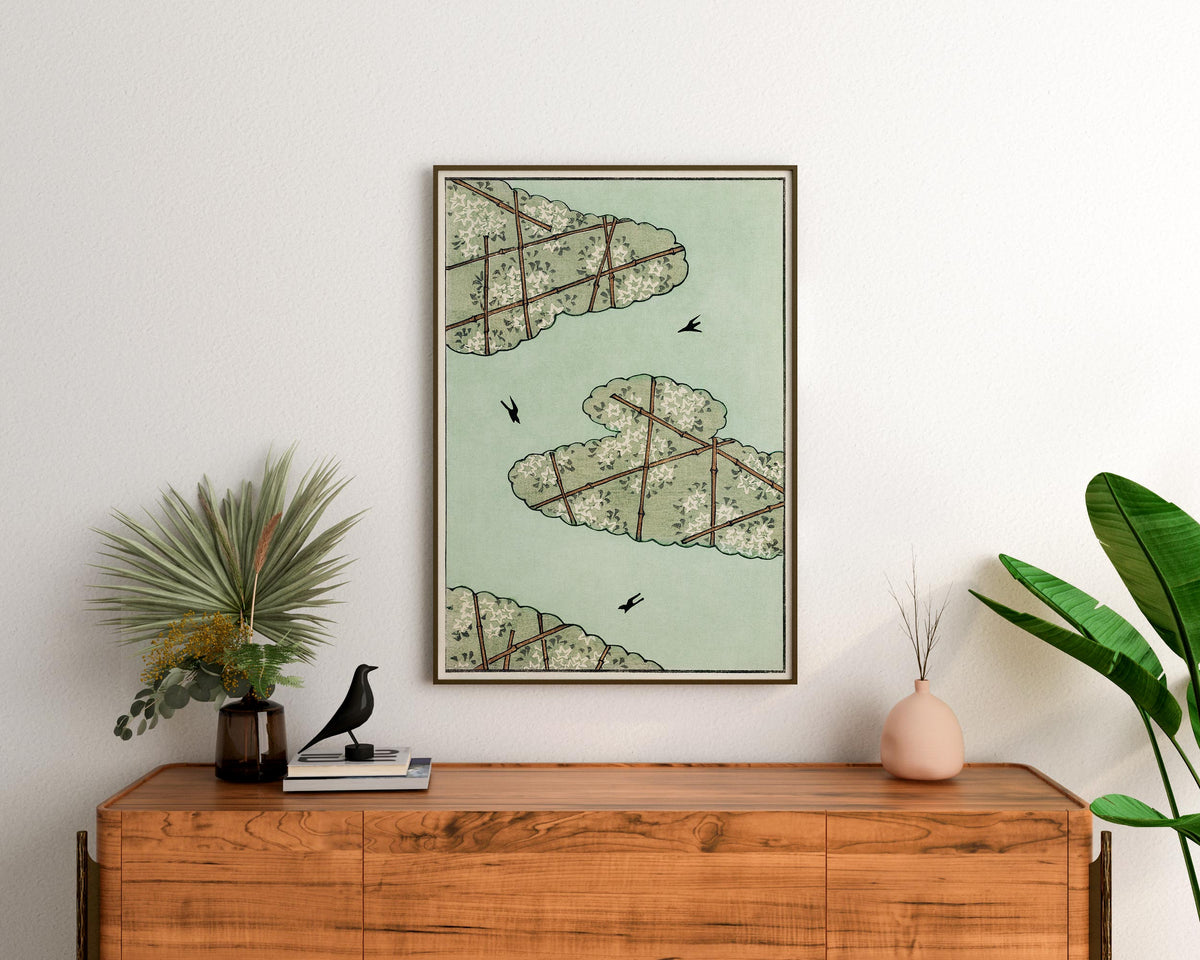 Vintage Japanese Green Sky illustration Print by Watanabe Seitei, Antique Asian Painting Reproduction, Bijutsu Sekai Art Print